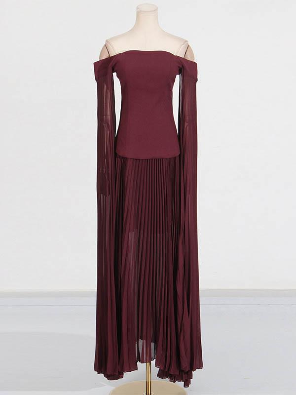 Flared Sleeves Solid Color Split-Joint Zipper Off-The-Shoulder Blouses&Shirts Tops + Pleated A-Line Skirts Bottom Two Pieces Set Product Image