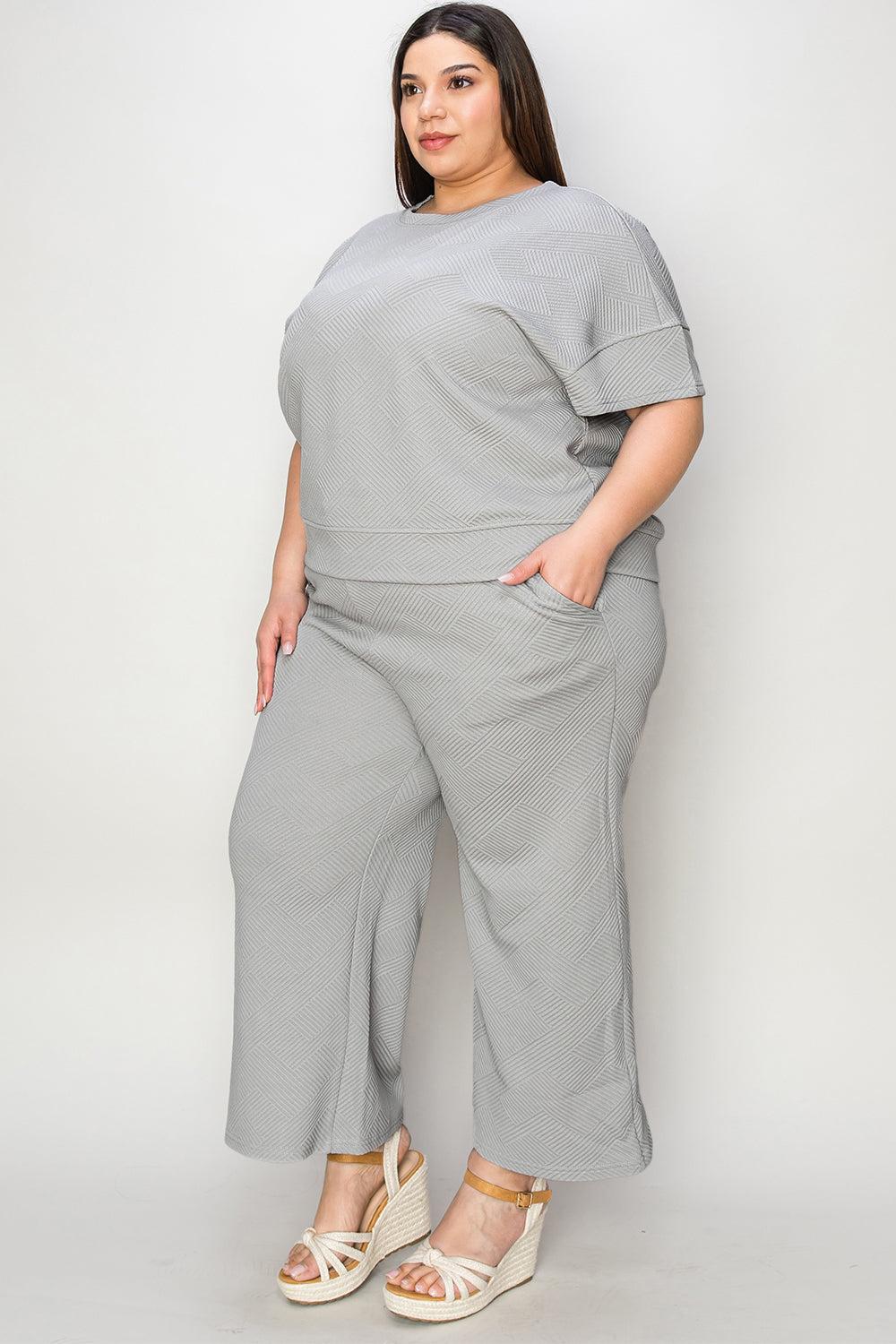 Double Take Full Size Texture Short Sleeve Top and Pants Set Product Image