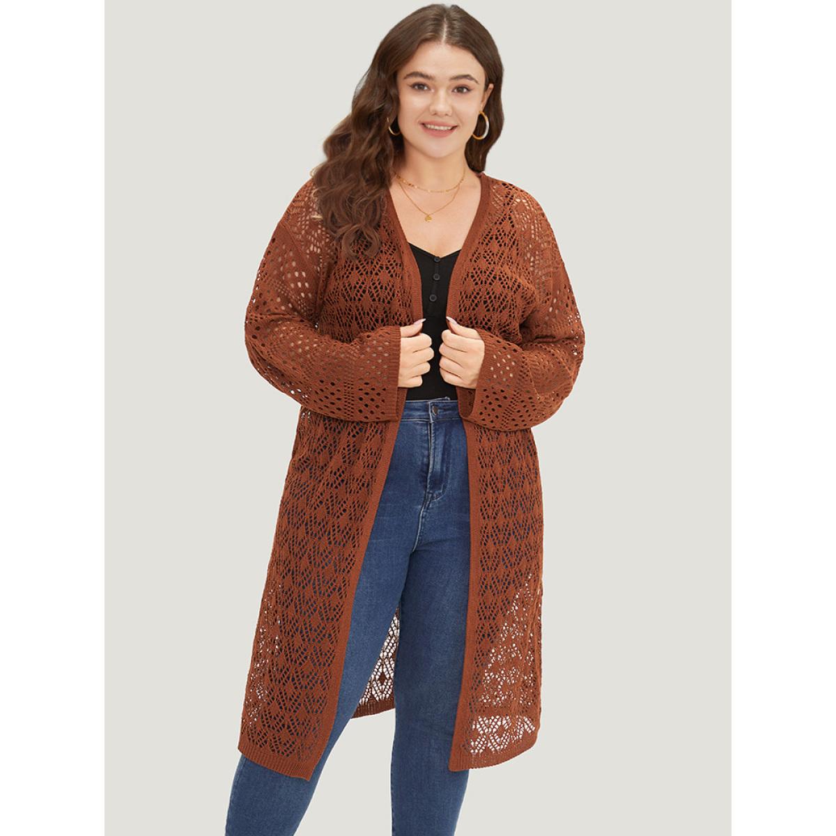 Plus Size Plain Hollow Out Split Side Maxi Cardigan Maroon Women Casual Loose Long Sleeve Dailywear Cardigans BloomChic 10/M Product Image