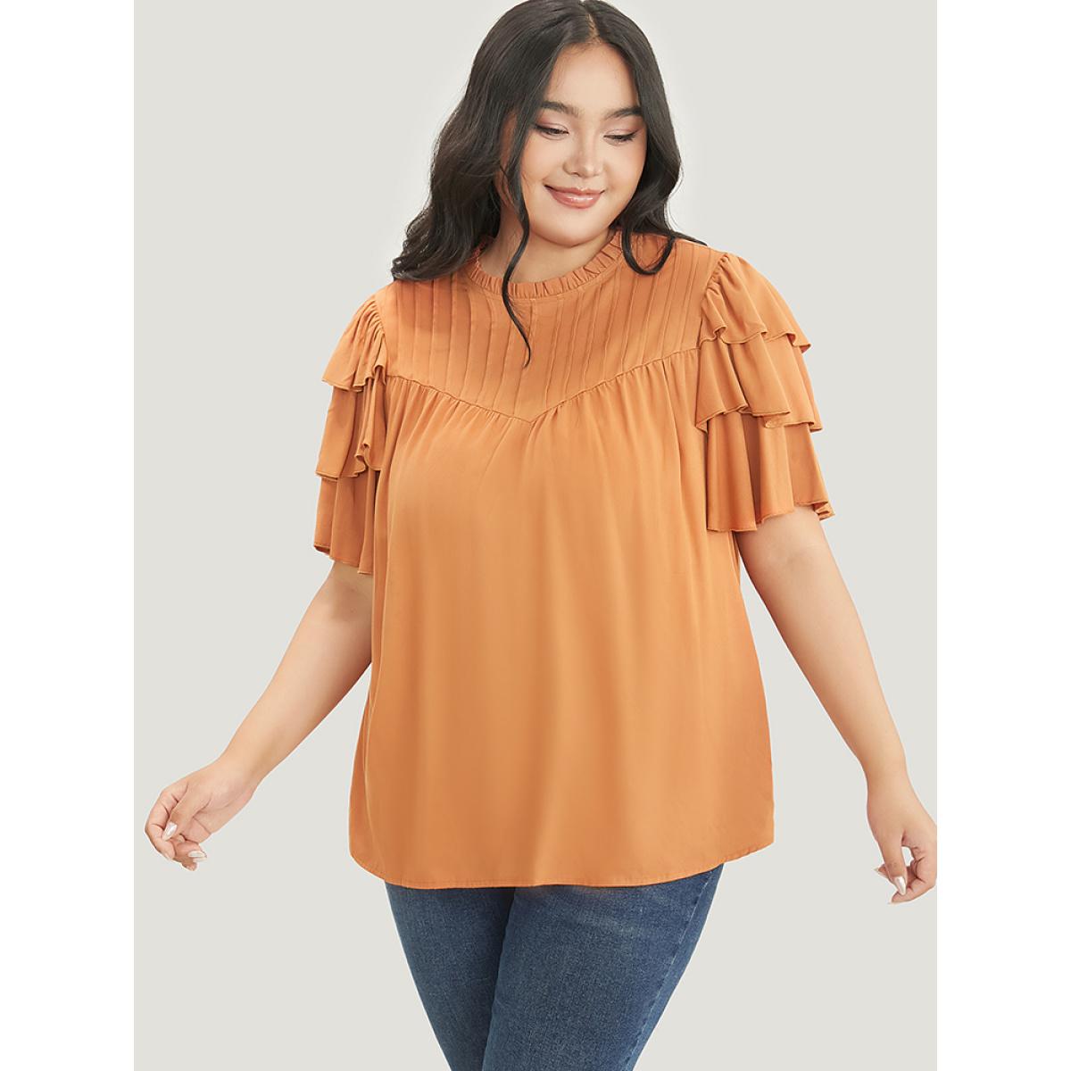 Plus Size Rust Solid Pleated Keyhole Ruffle Tiered Sleeve Frill Trim Blouse Women Elegant Short sleeve Round Neck Dailywear Blouses BloomChic 22-24/3X Product Image