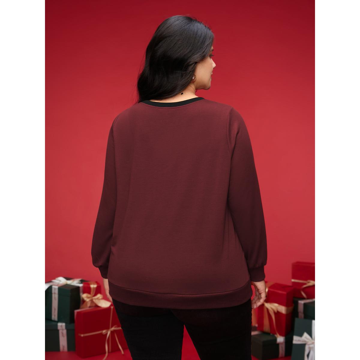 Plus Size Bow-tie Detailing High Neck Sweatshirt Women Burgundy Leisure Contrast Round Neck Casual Sweatshirts BloomChic 28/5X Product Image