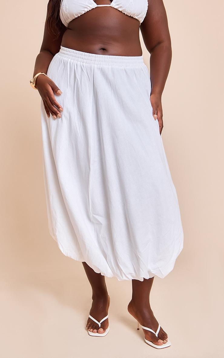 Plus White Linen Puffball Maxi Skirt Product Image