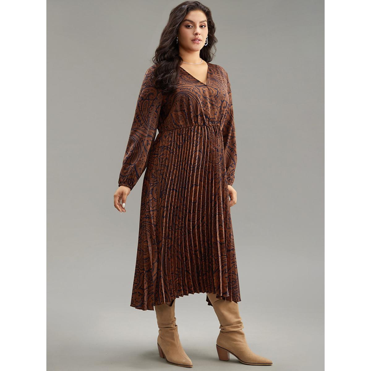 Plus Size Boho Print Pleated Elastic Waist Wrap Dress DarkBrown Women Vacation Elastic cuffs V-neck Long Sleeve Curvy Midi Dress BloomChic 14-16/1X Product Image