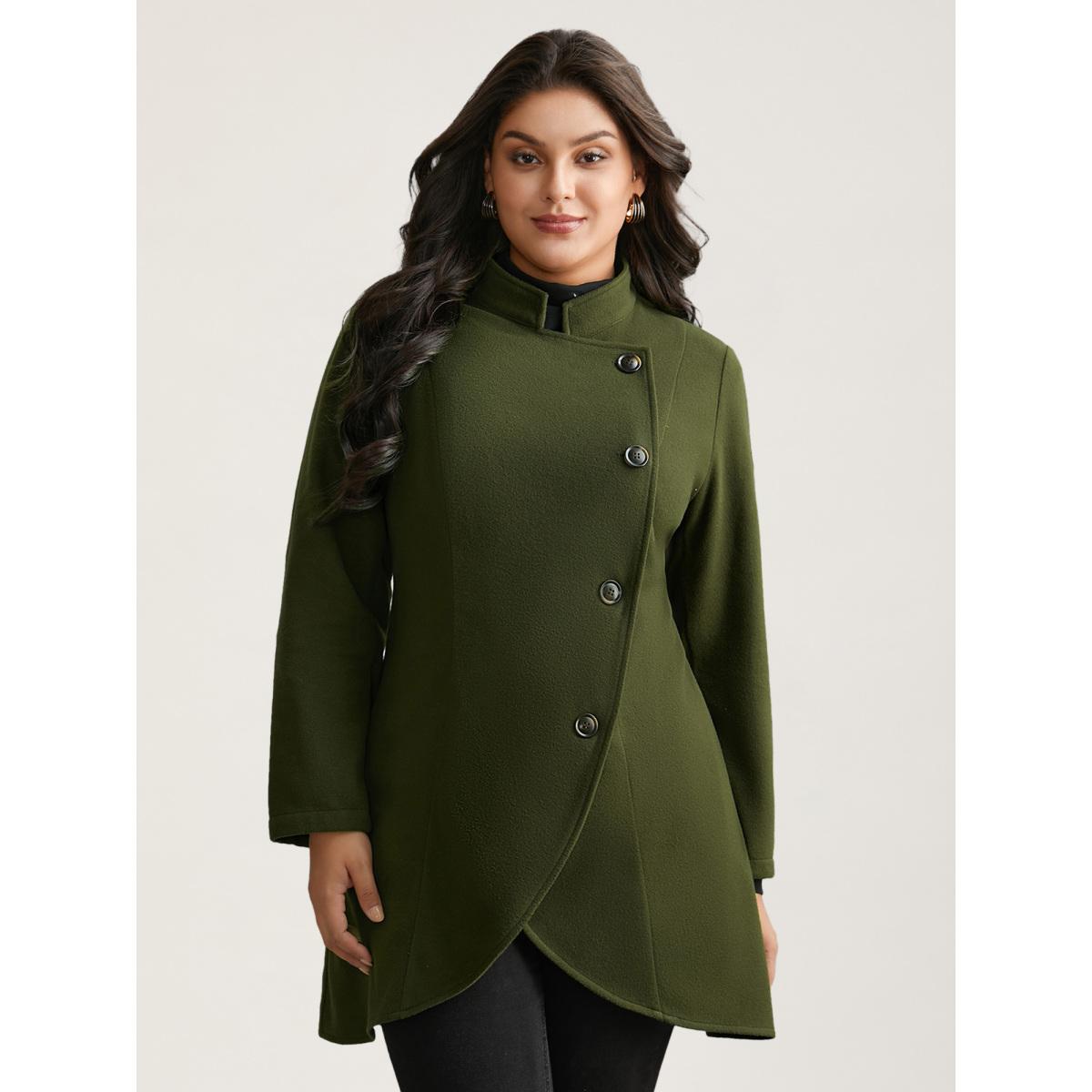 Plus Size Solid Wrap Button Up Asymmetrical Hem Coat Women ArmyGreen Elegant Button Ladies Everyday Winter Coats BloomChic 18-20/2X Product Image