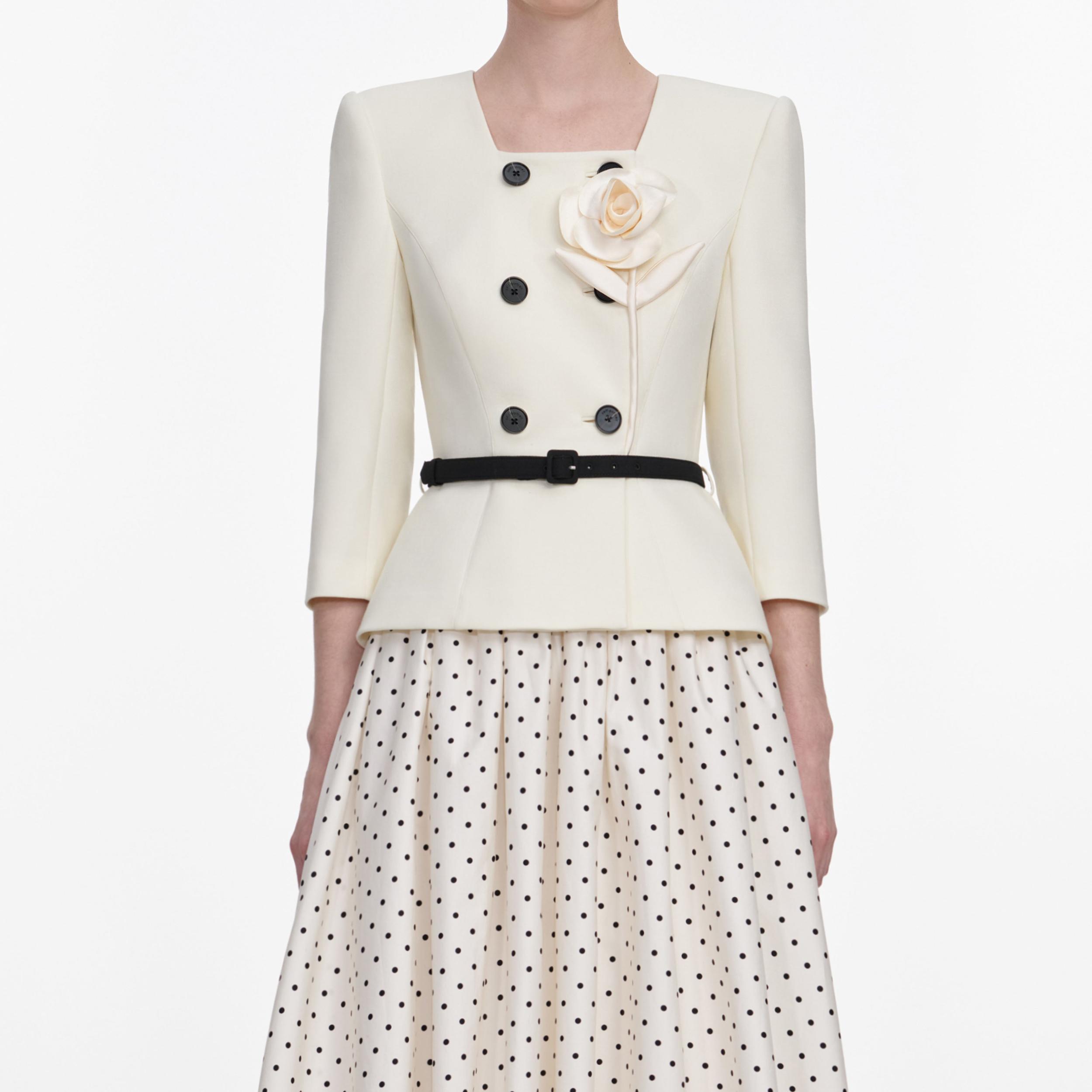 Cream 3D Flower Polka Dot Midi Dress Product Image