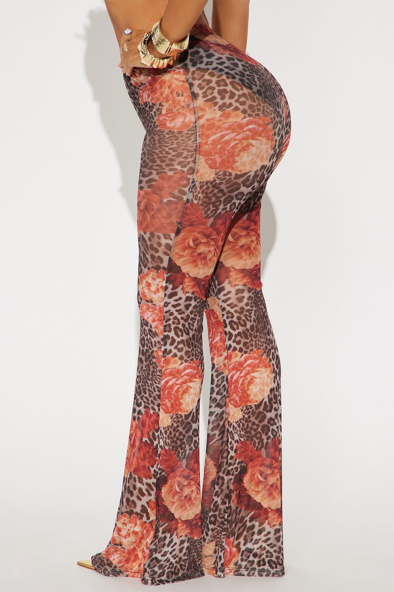 Later Tonight Floral Leopard Print Mesh Flare Pant - Brown/combo Product Image