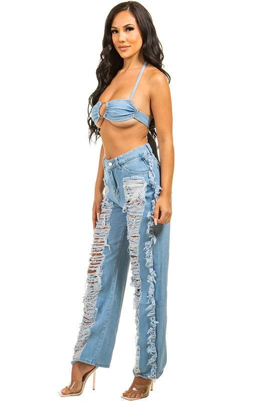 SEXY DENIM TWO PIECE PANT SET Product Image