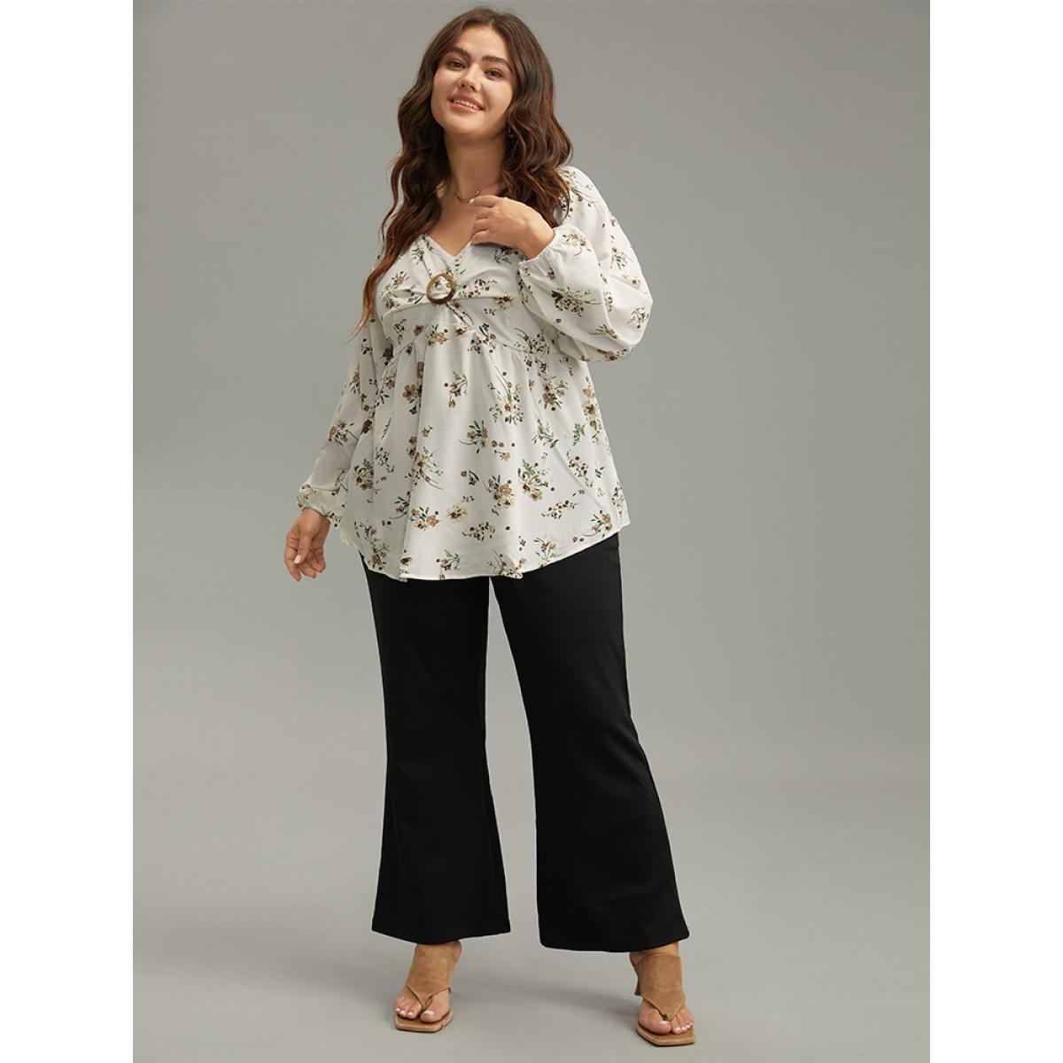 Plus Size Ivory Floral Print Buckle Detail Gathered Bell Sleeve Blouse Women Elegant Long Sleeve V-neck Dailywear Blouses BloomChic 14-16/1X Product Image