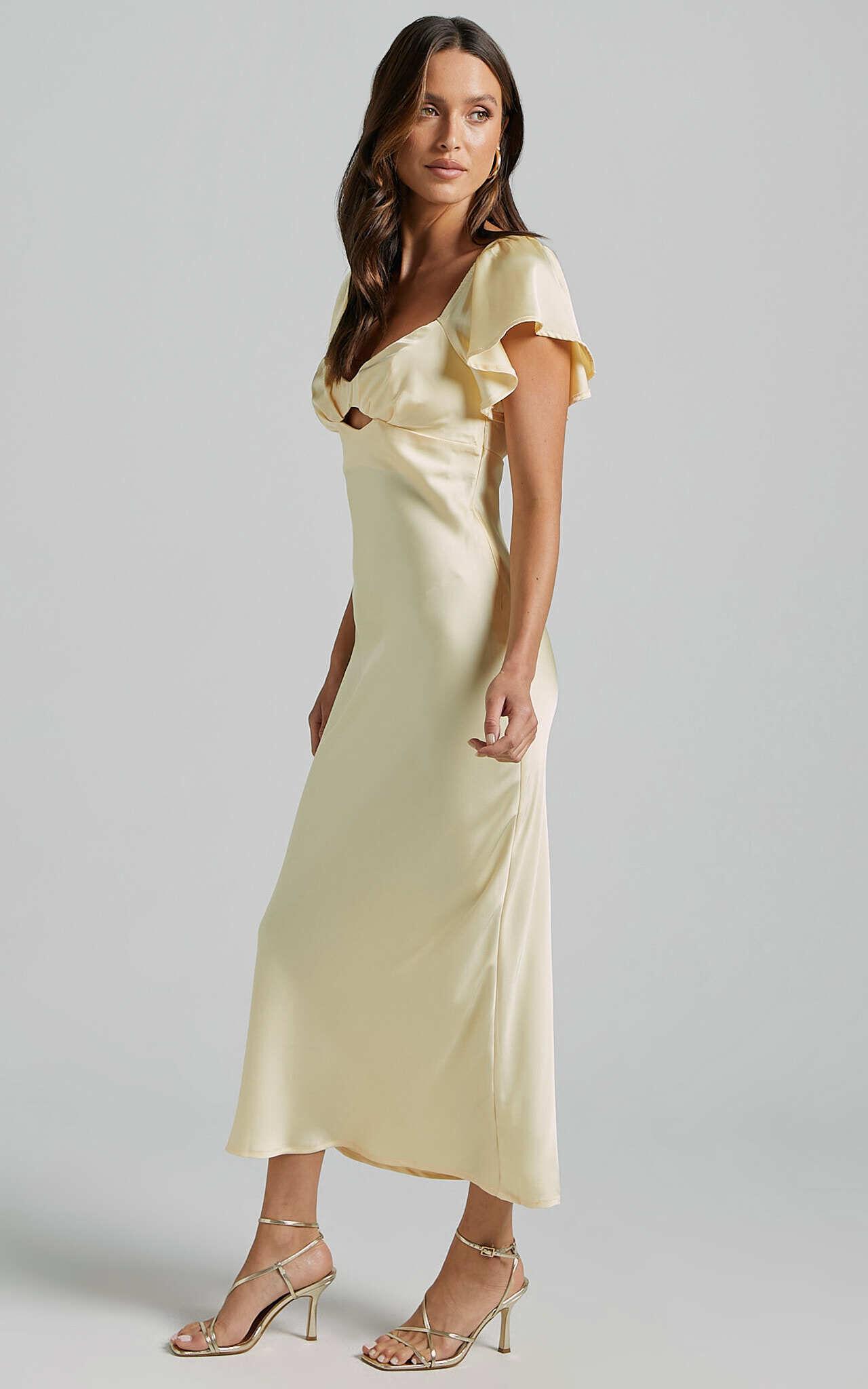 Emberlynn Midi Dress - Flutter Sleeve Cut Out Satin Dress in Butter Yellow Product Image