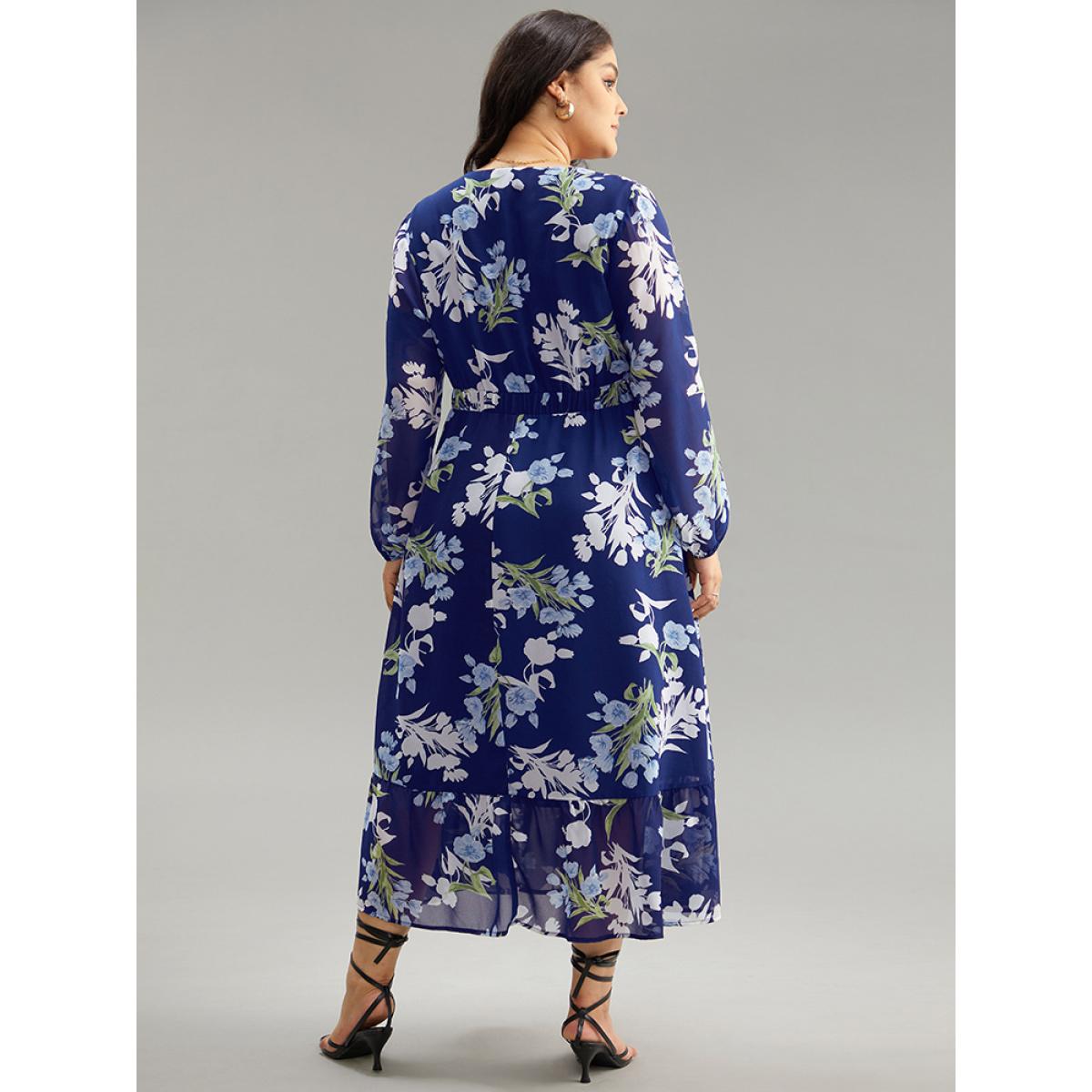 Plus Size Floral Print Chiffon Pocket Elastic Waist Gathered Dress DarkBlue Women Elegant Elastic cuffs V-neck Long Sleeve Curvy Midi Dress BloomChic 14-16/1X Product Image