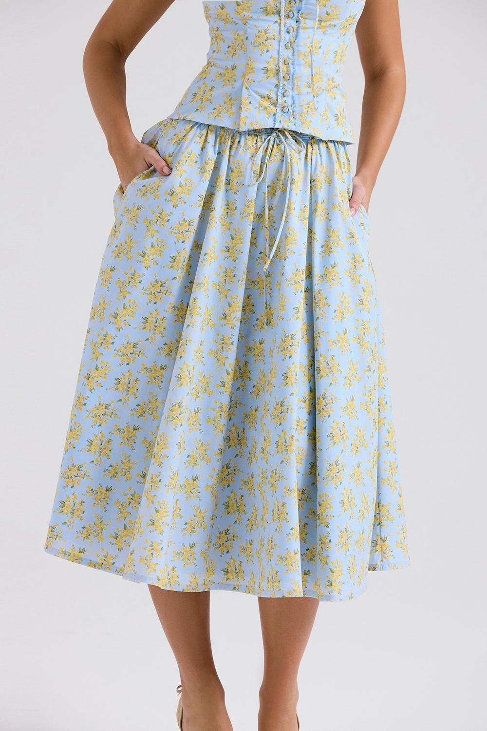 Cora  soft blue vintage floral print cotton midi skirt - sale Product Image