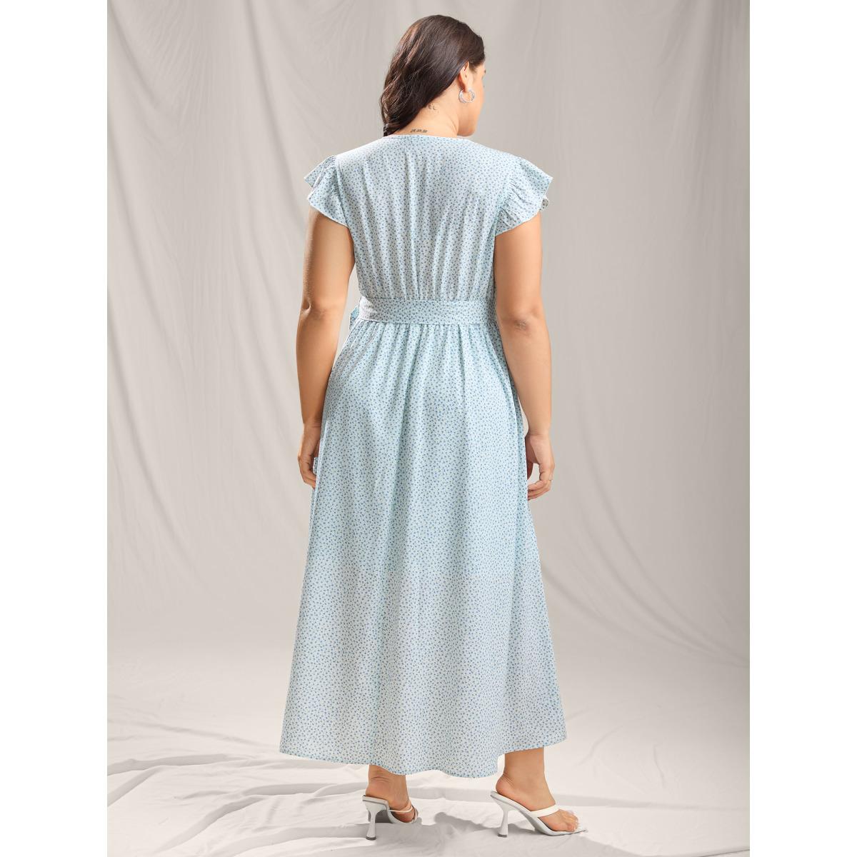 Plus Size Floral Print Slit Belted Maxi Dress LightBlue Women Overlap Collar Cap Sleeve Curvy BloomChic 30/6X Product Image