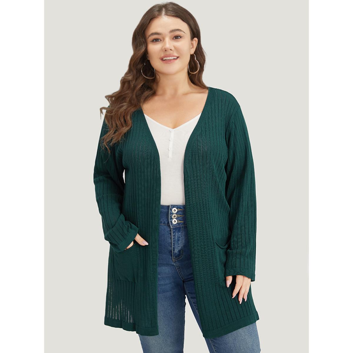 Plus Size Solid Rib Knit Pocket Lightweight Tunic Cardigan Green Women Basics Loose Long Sleeve Everyday Cardigans BloomChic 18-20/2X Product Image