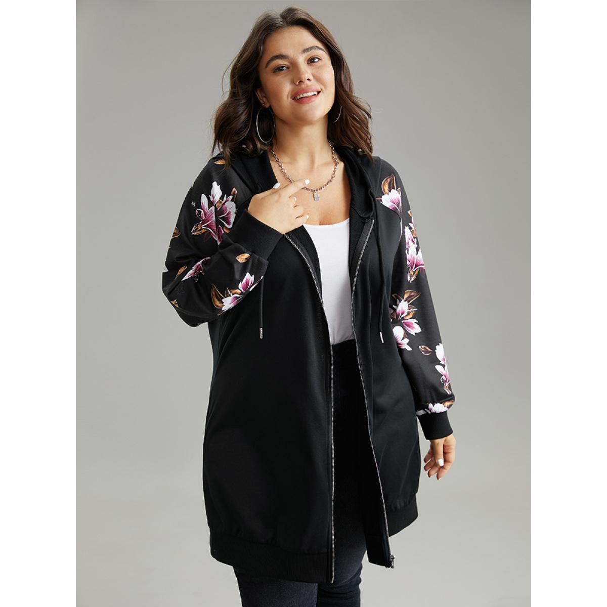Plus Size Floral Zipper Hooded Patchwork Raglan Sleeve Sweatshirt Women Black Casual Rib Knit Hooded Dailywear Sweatshirts BloomChic 30/6X Product Image