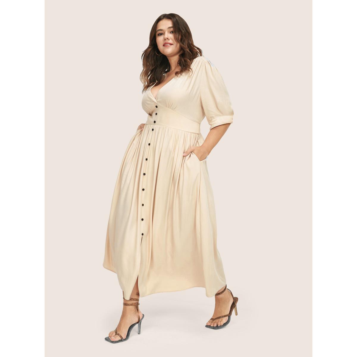 Plus Size Plunging Neck Button Detail Pocket Maxi Dress Beige Women Resort Gathered V-neck Short sleeve Curvy Long Dress BloomChic 10/M Product Image