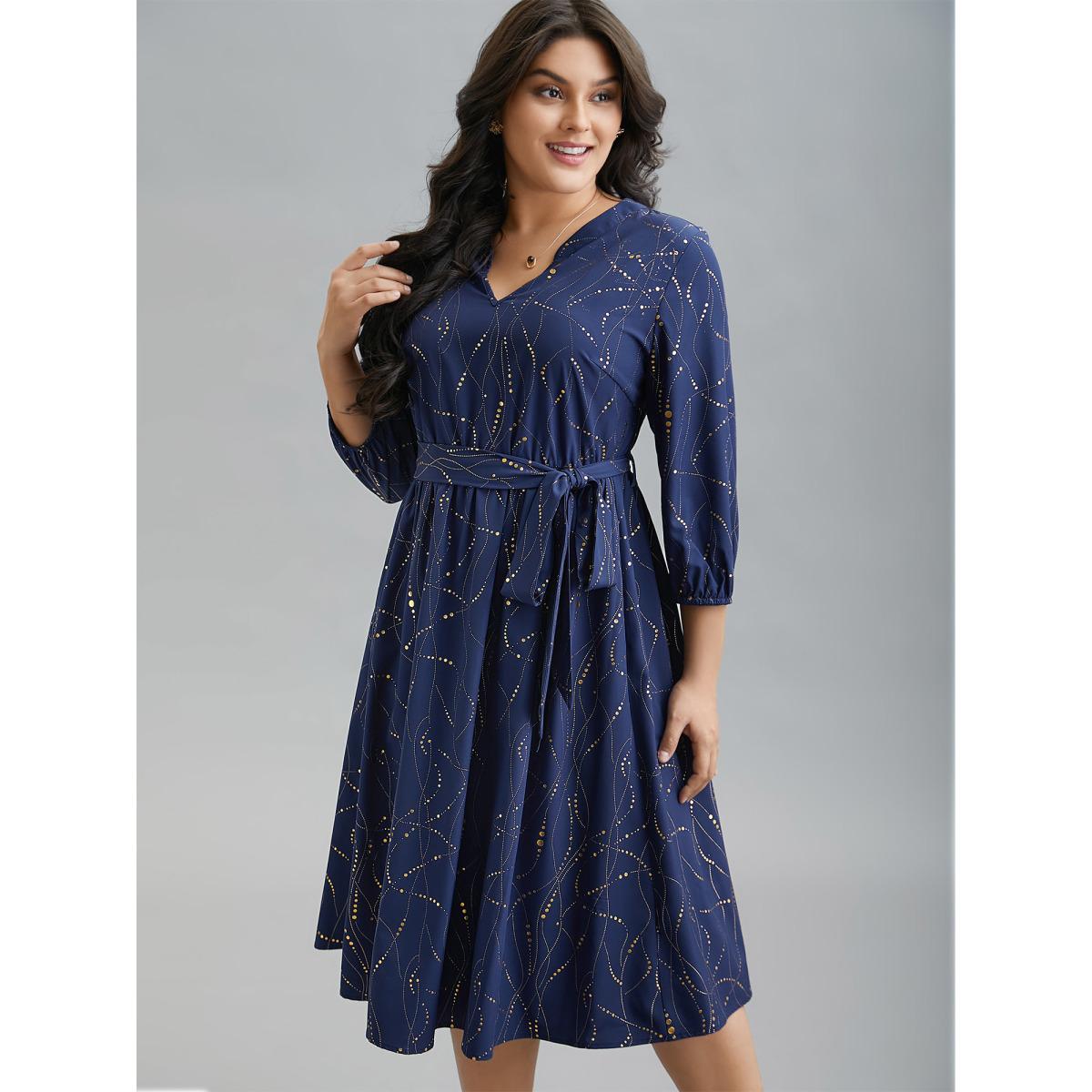 Plus Size Glitter Notched Collar Belted Midi Dress Indigo Women Elegant Texture Notched collar Elbow-length sleeve Curvy BloomChic 18-20/2X Product Image
