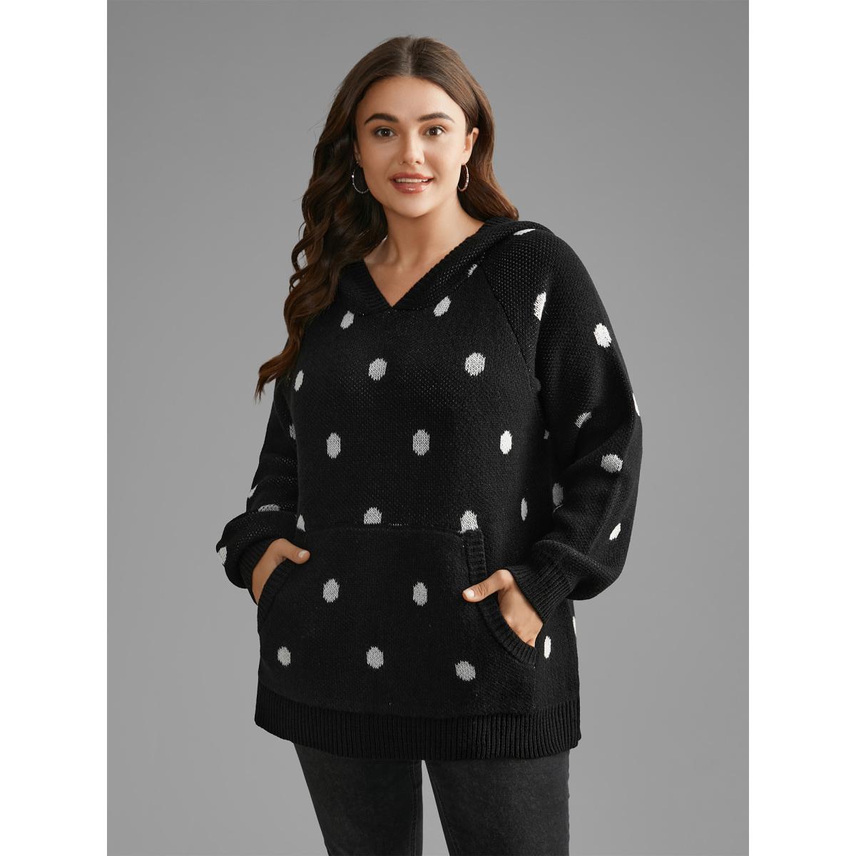 Plus Size Polka Dot Hooded Patch Pocket Pullover Black Women Casual Loose Long Sleeve Hooded Everyday Pullovers BloomChic 28/5X Product Image