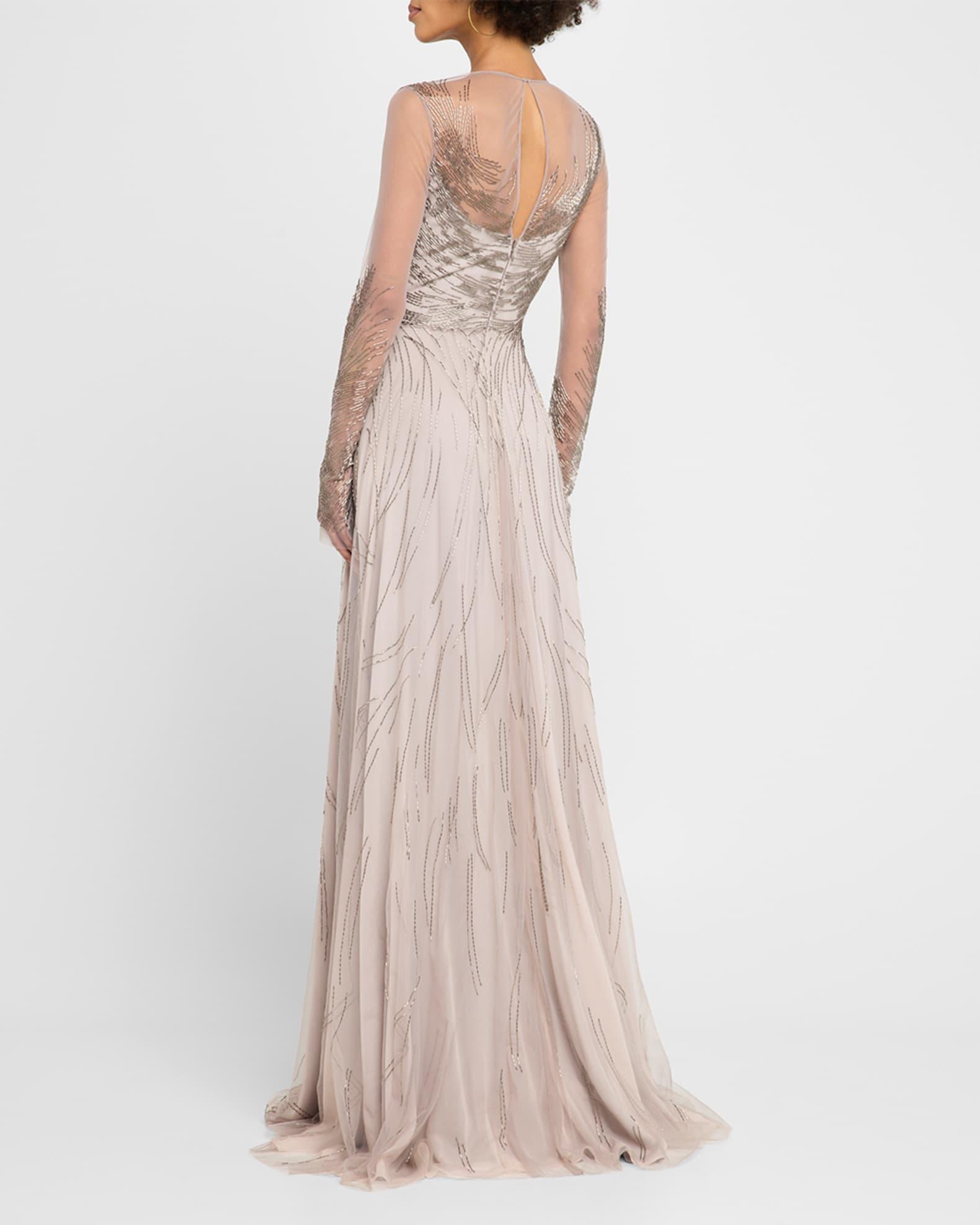 Abstract Beaded Long-Sleeve Illusion Gown Product Image