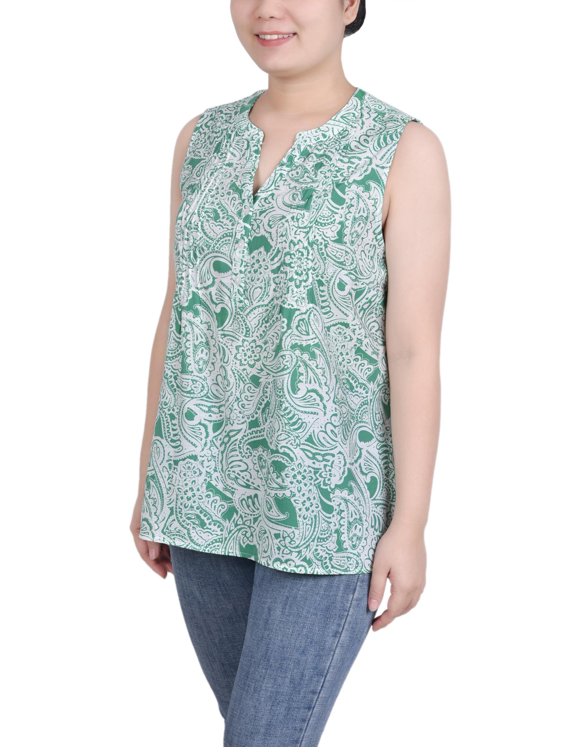 Green Paisley Floral Sleeveless Pintucked Blouse Product Image