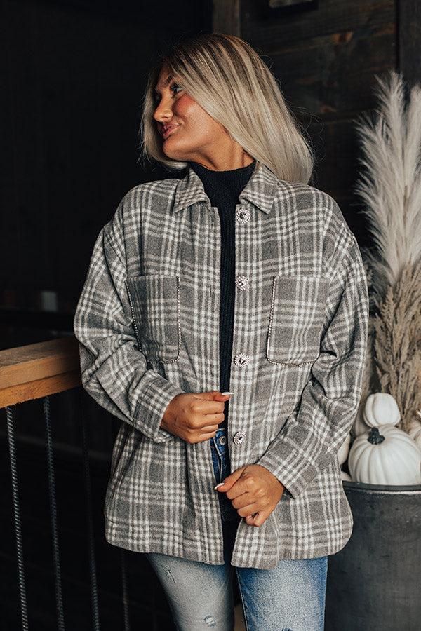 Start The Bonfire Embellished Plaid Jacket in Grey Product Image