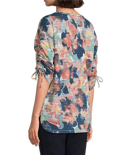 Westbound Petite Size Knit Dark Denim Blur Floral 3/4 Ruched Sleeve Top Product Image