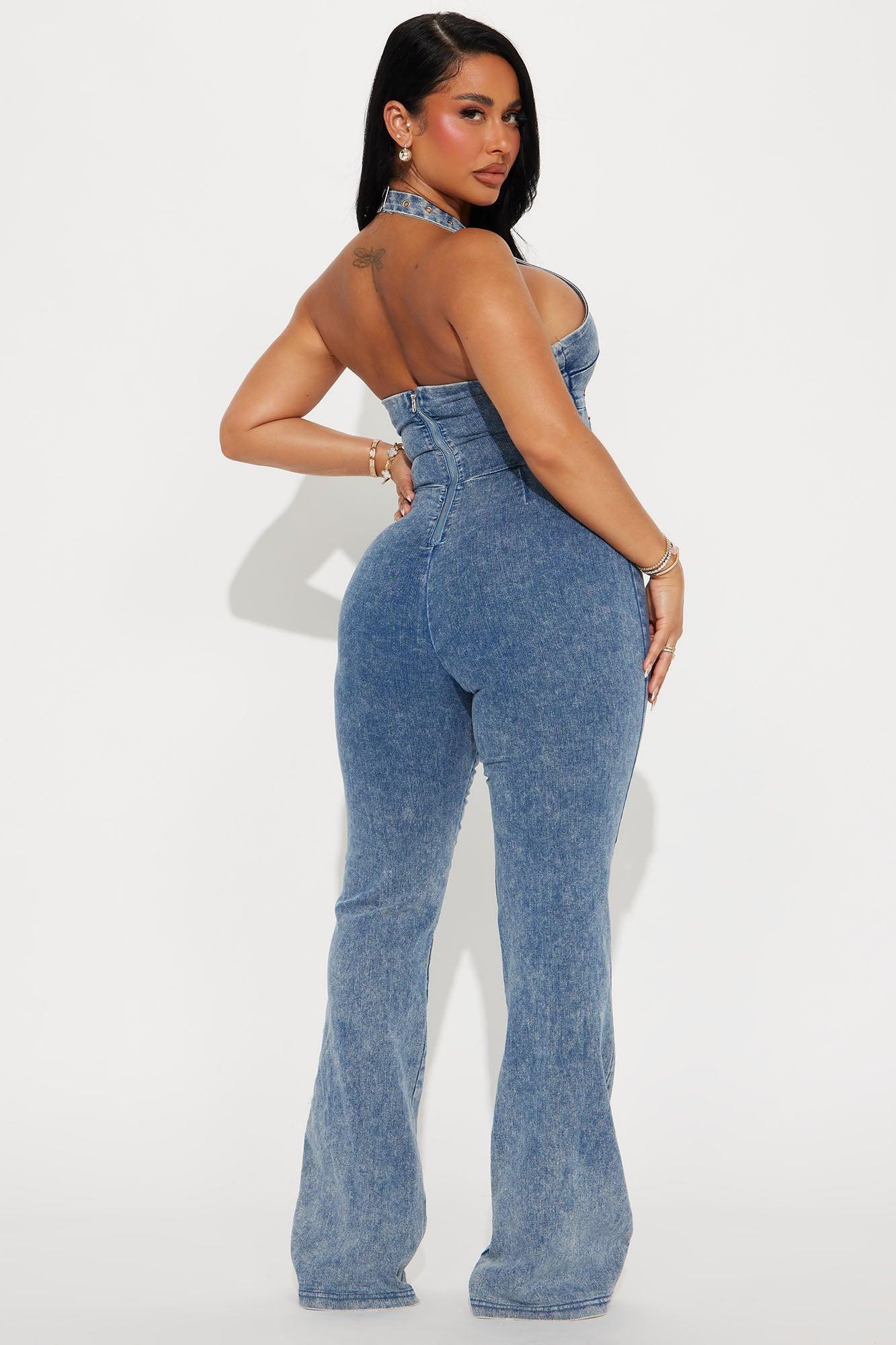 Capri Denim Washed Jumpsuit - Medium Wash Product Image