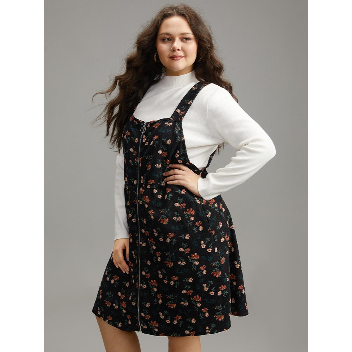 Plus Size Ditsy Floral Corduroy Pocket Zipper Fly Cami Dress Black Women Casual Printed Square Neck Sleeveless Curvy Knee Dress BloomChic 18-20/2X Product Image