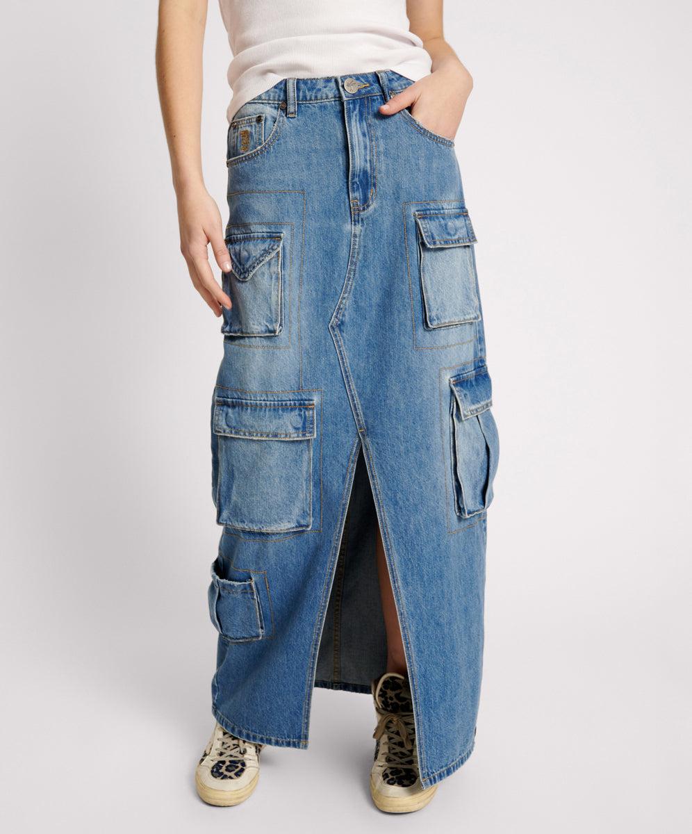 PACIFICA 90S CARGO POCKET COLUMN DENIM SKIRT Product Image