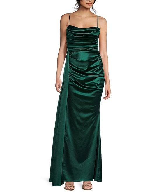 B. Darlin Satin Sweetheart Neckline Side Drape Long Dress Product Image