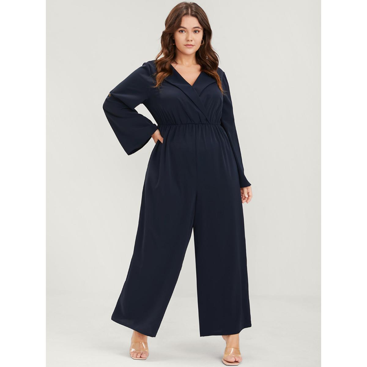 Plus Size DarkBlue Solid Pocket Button Cuffed Sleeve Suit Collar Jumpsuit Women Office Long Sleeve Suit Collar Work Loose Jumpsuits BloomChic 26/4X Product Image