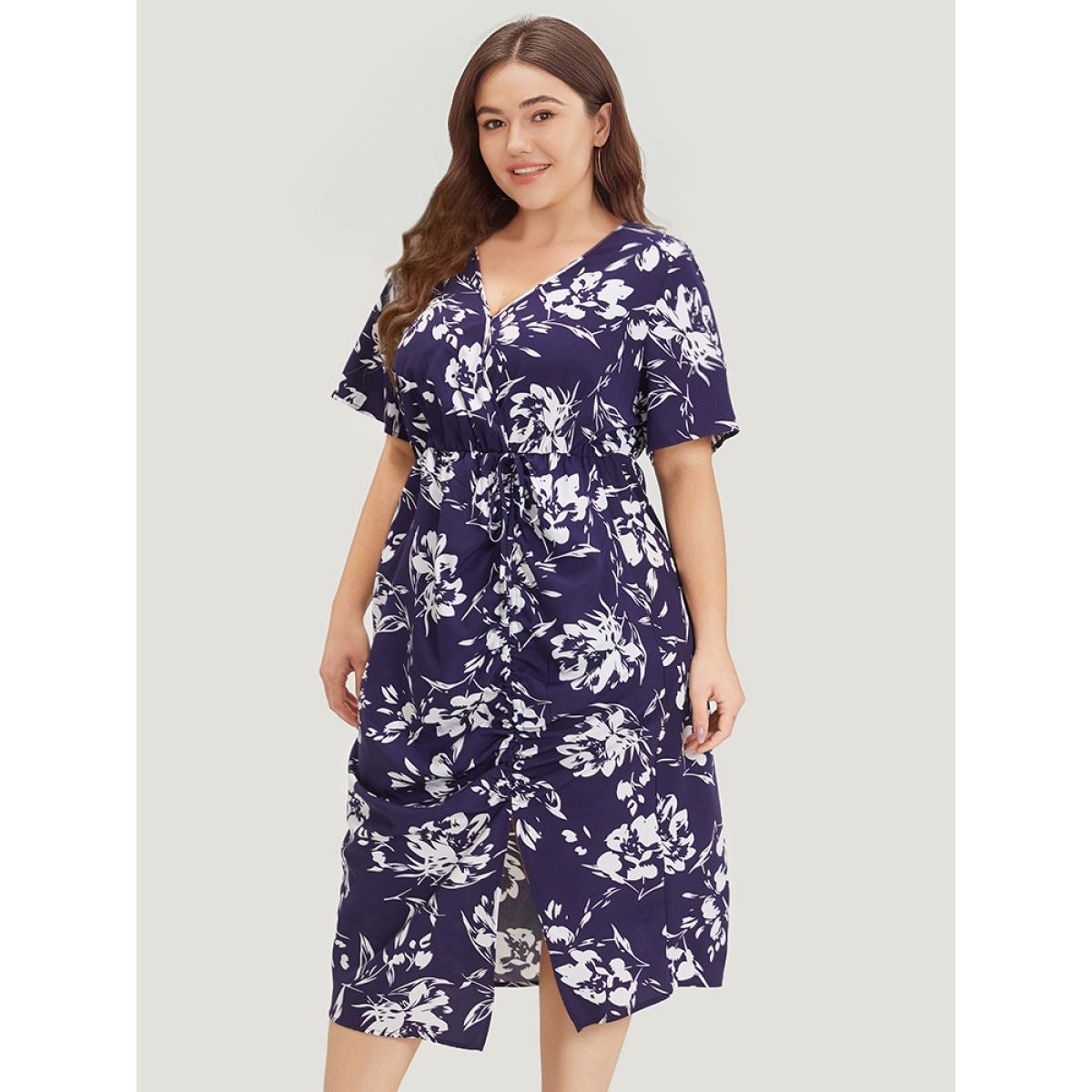 Plus Size Silhouette Floral Print Wrap Drawstring Split Hem Dress DarkBlue Women Elegant Elastic Waist V-neck Short sleeve Curvy Midi Dress BloomChic 10/M Product Image