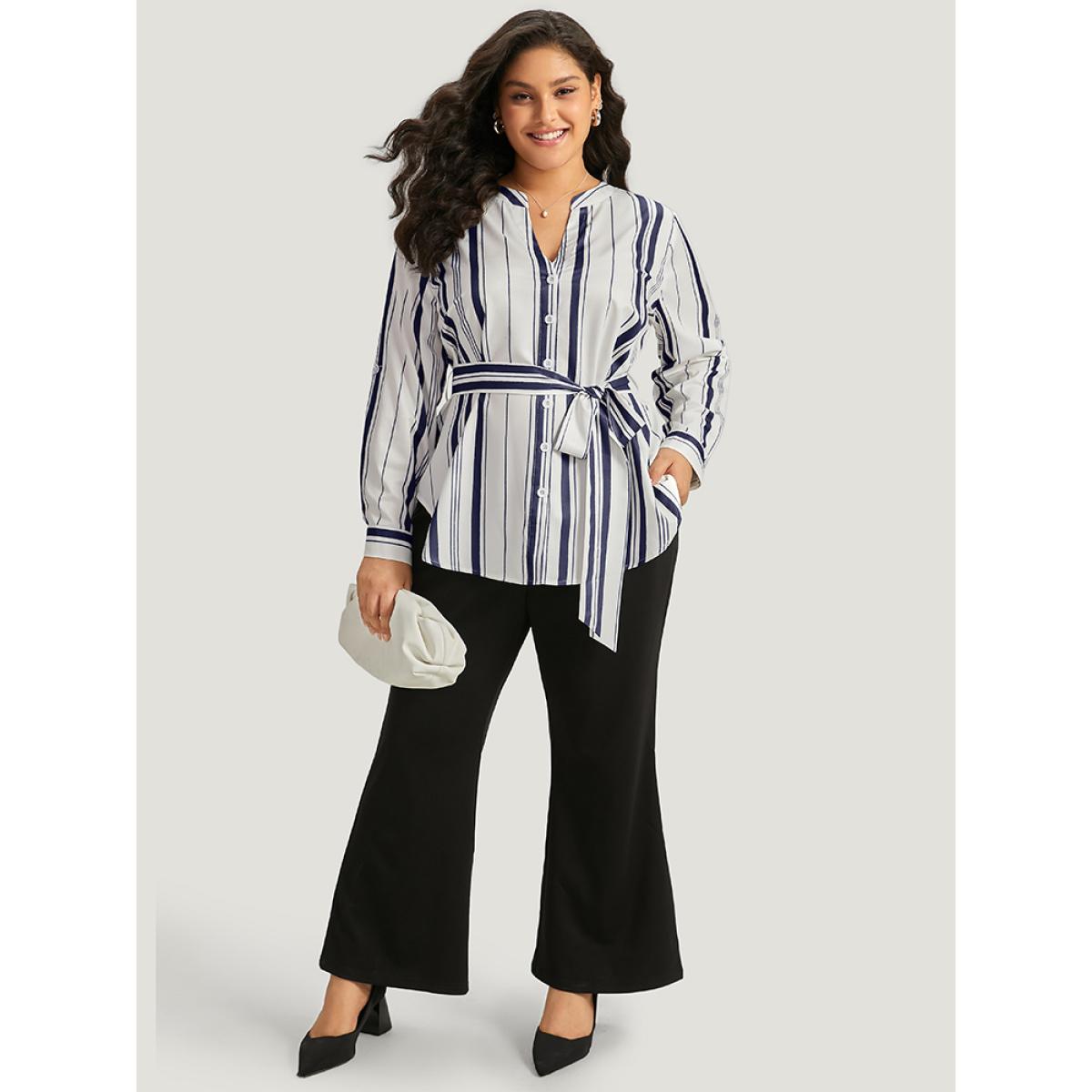 Plus Size Indigo Striped Arc Hem Belted Roll Tab Sleeve Blouse Women Office Long Sleeve V-neck Work Blouses BloomChic 18-20/2X Product Image
