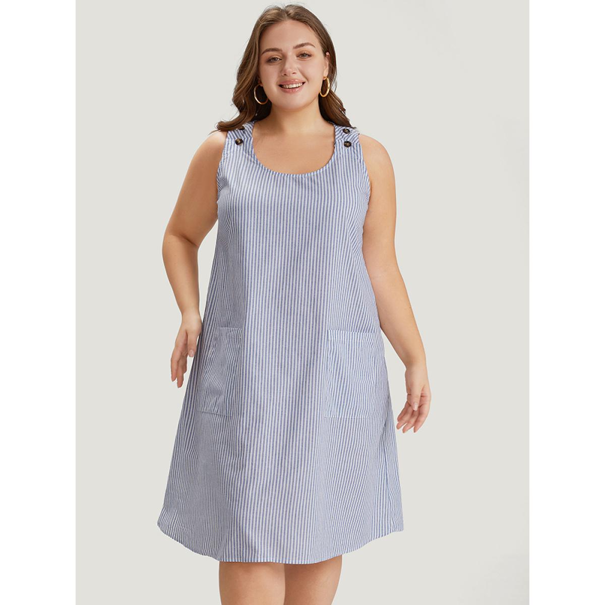 Plus Size Striped Patched Pocket Adjustable Button Dress LightBlue Women Casual Adjustable Straps Round Neck Sleeveless Curvy Knee Dress BloomChic 26/4X Product Image