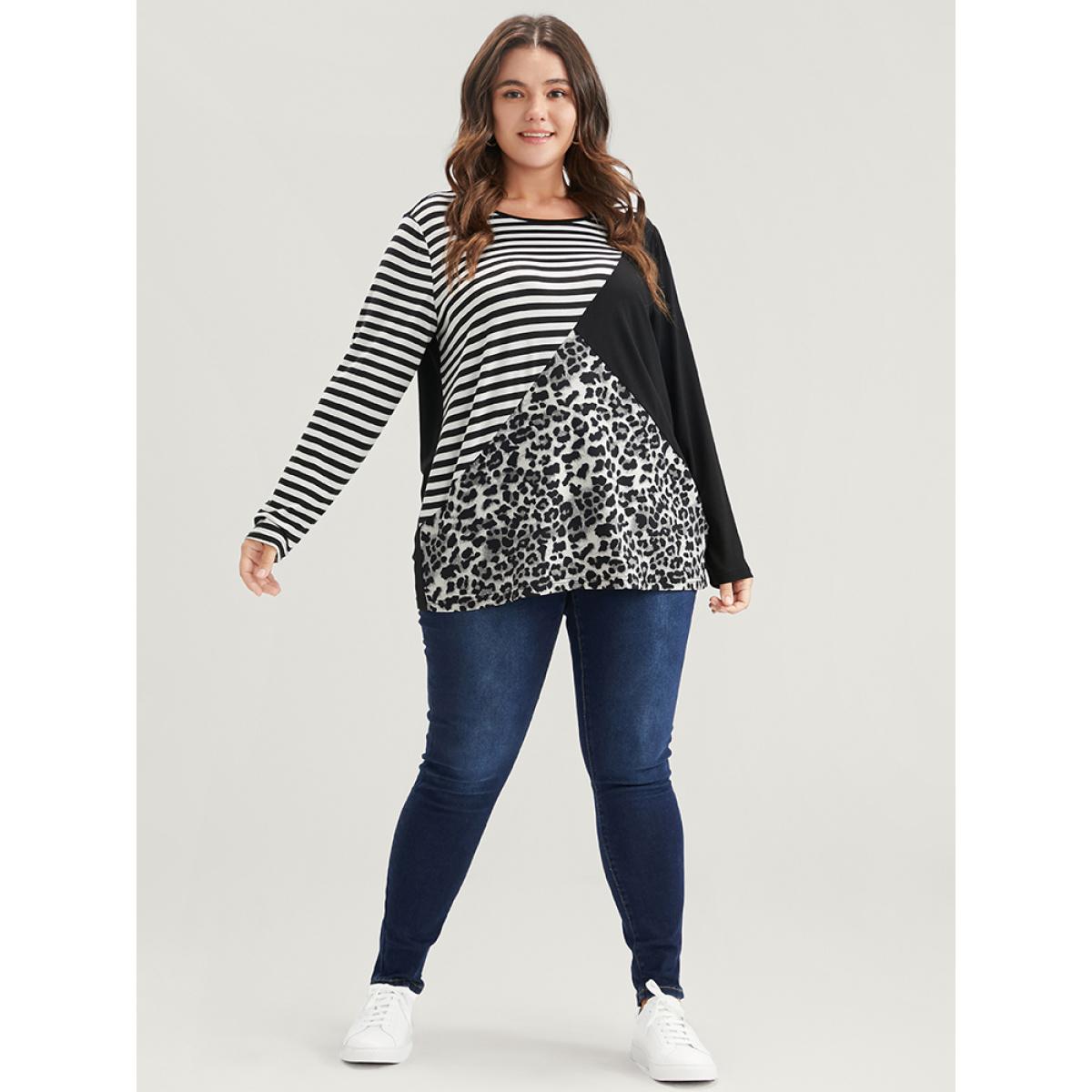 Plus Size Leopard Striped Contrast Round Neck Long Tee Black Women Casual Patchwork Leopard Round Neck Dailywear T-shirts BloomChic 12/L Product Image