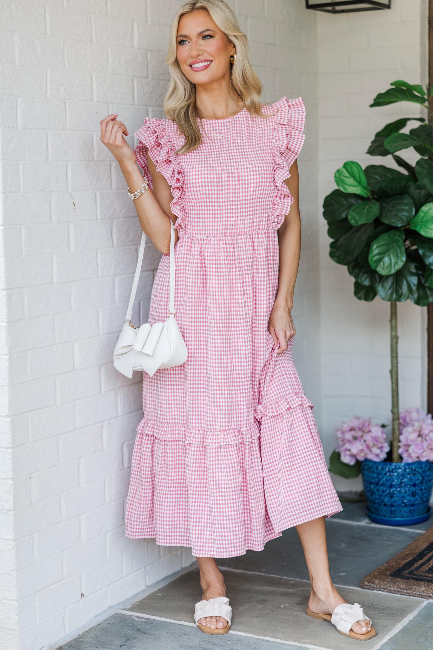 Feminine Pursuits Pink Gingham Midi Dress Female Product Image