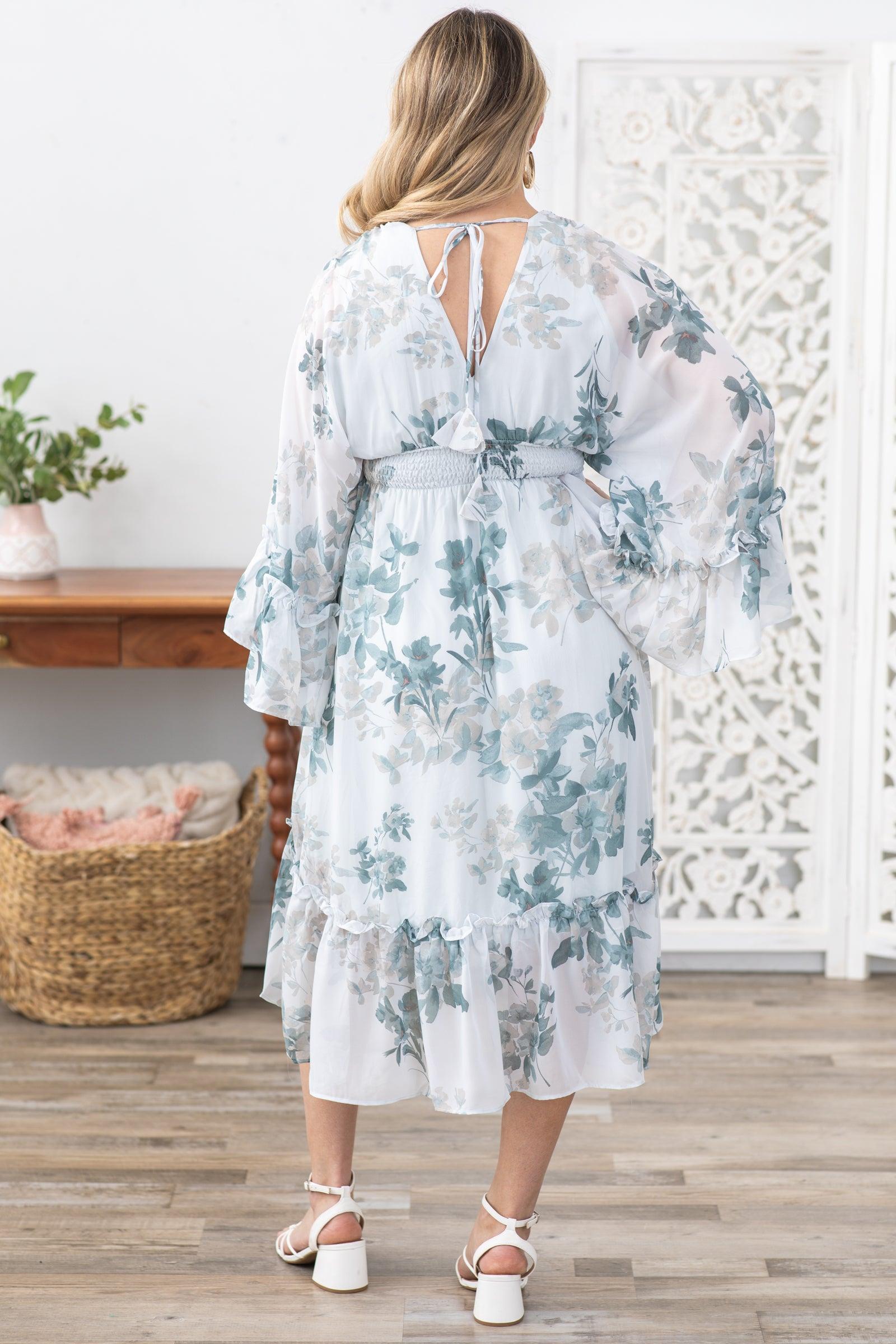 Dusty Teal Floral Print Long Sleeve Midi Dress Product Image