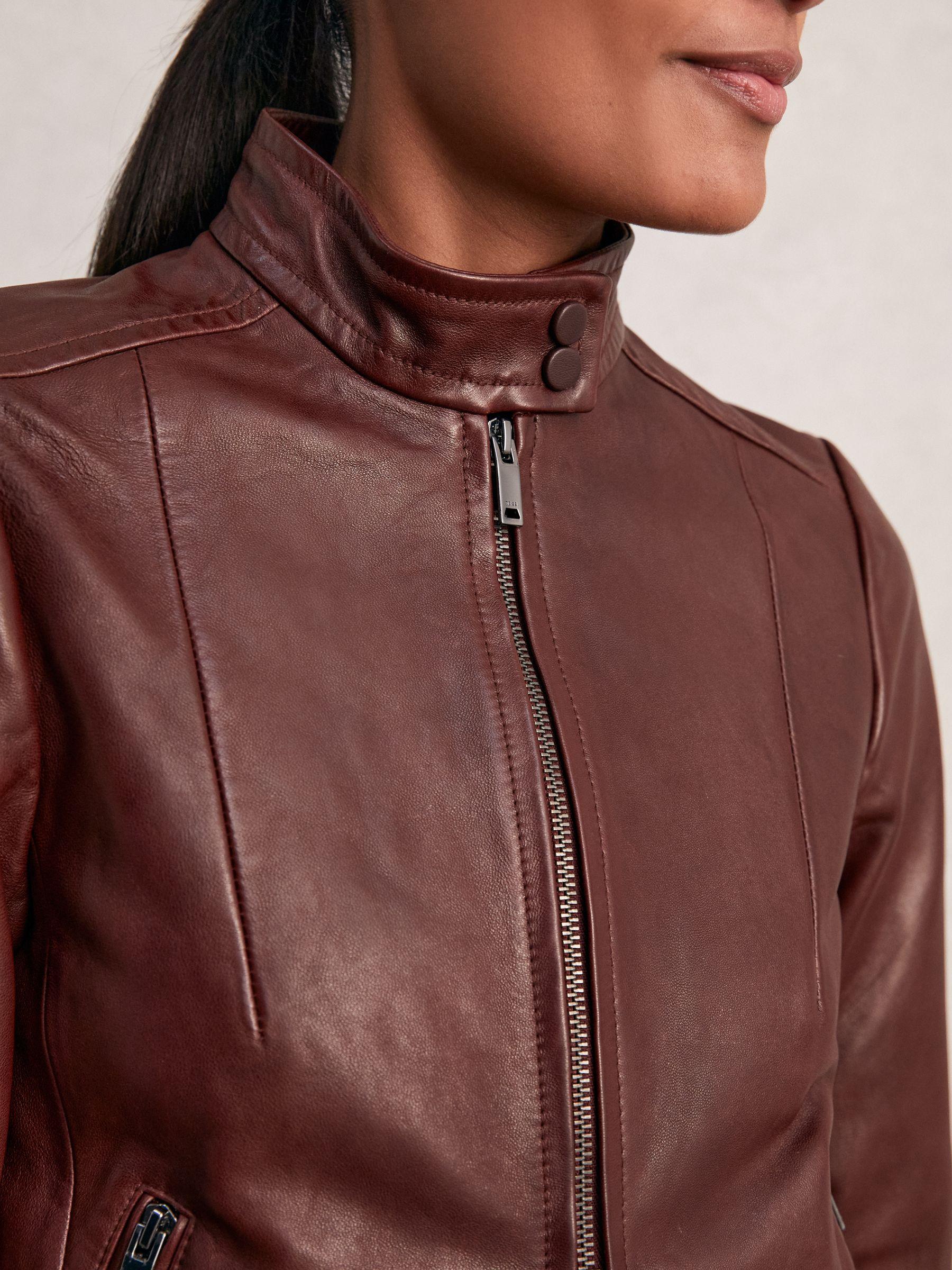Fitted Leather Biker Jacket in Burgundy Product Image
