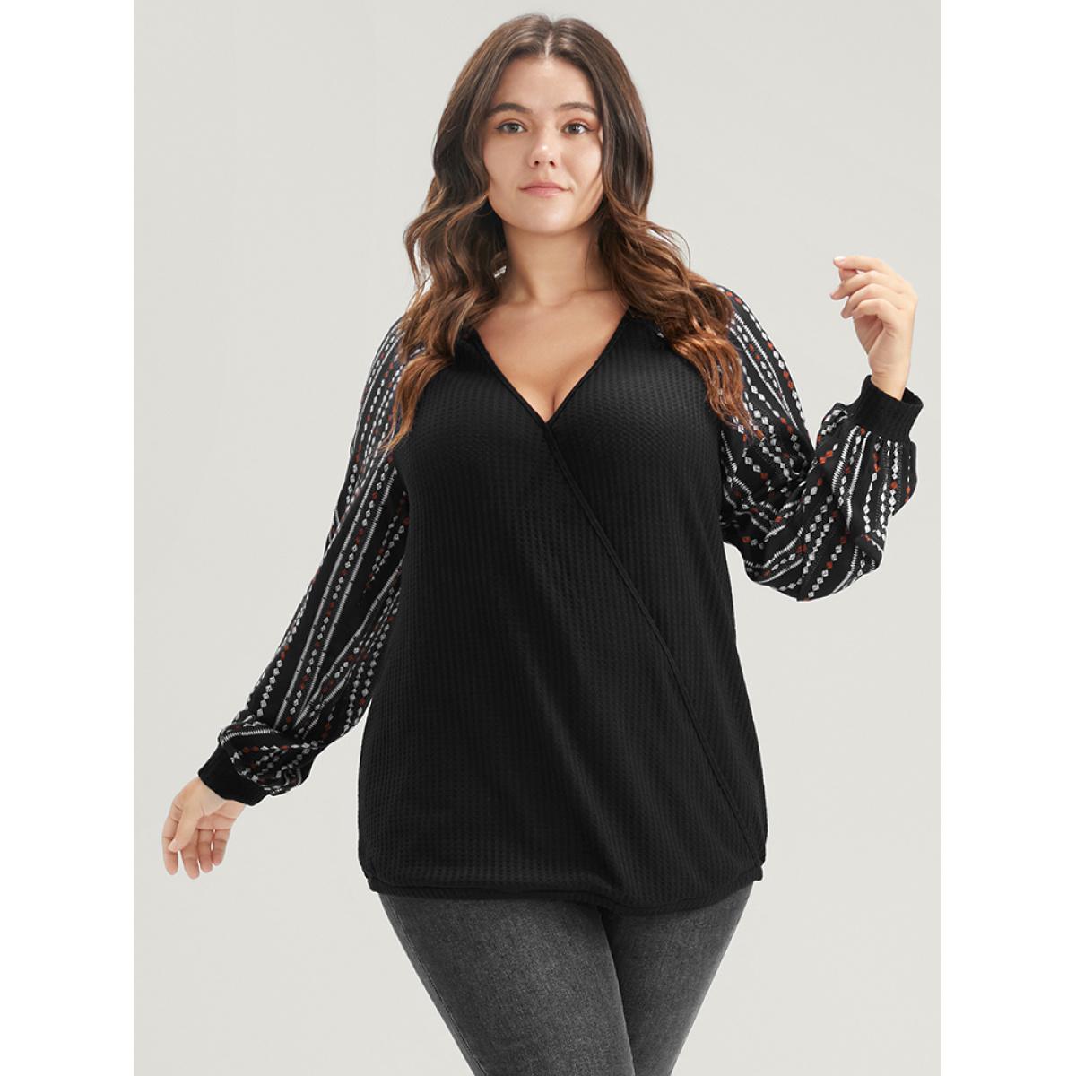 Plus Size Solid Patchwork Striped Lantern Sleeve Waffle Knit Wrap Sweatshirt Women Black Elegant Patchwork V-neck Dailywear Sweatshirts BloomChic 12/L Product Image