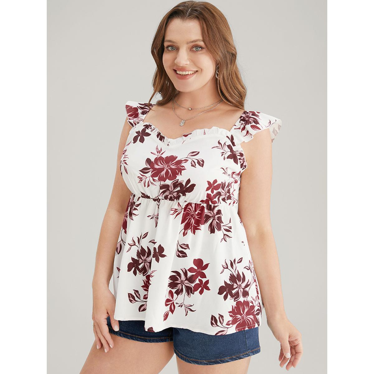 Plus Size Floral Print Babydoll Ruffles Trim Cami Top Women White Elegant Elastic Waist V-neck Dailywear Tank Tops Camis BloomChic 30/6X Product Image