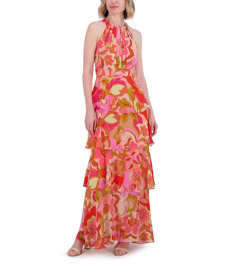 Eliza J Chiffon Floral Swirl Print Halter Neck Sleeveless Ruffle Maxi Dress Product Image