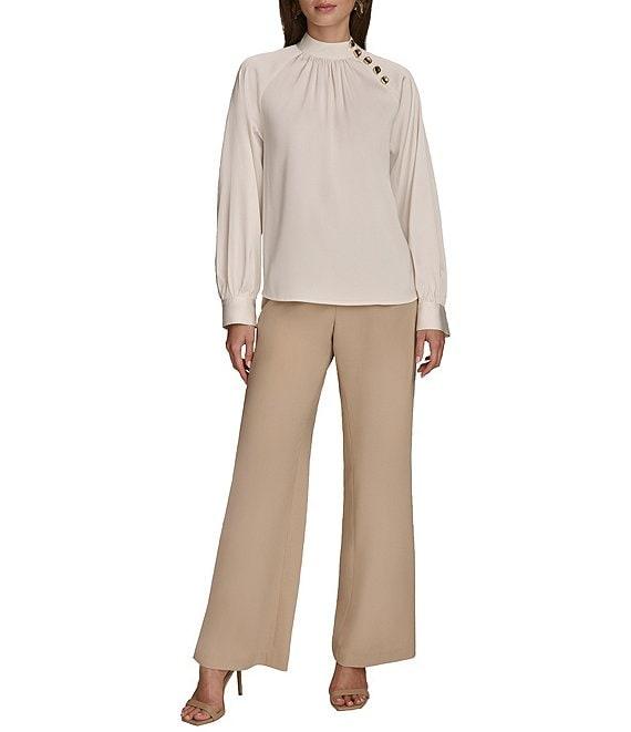 Donna Karan Stretch Satin Gold-Button Mock Neck Long Sleeve Top Product Image
