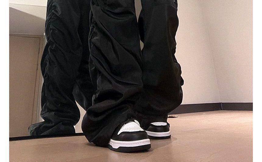 Drawstring Waist Plain Wide Leg Cargo Parachute Pants Product Image