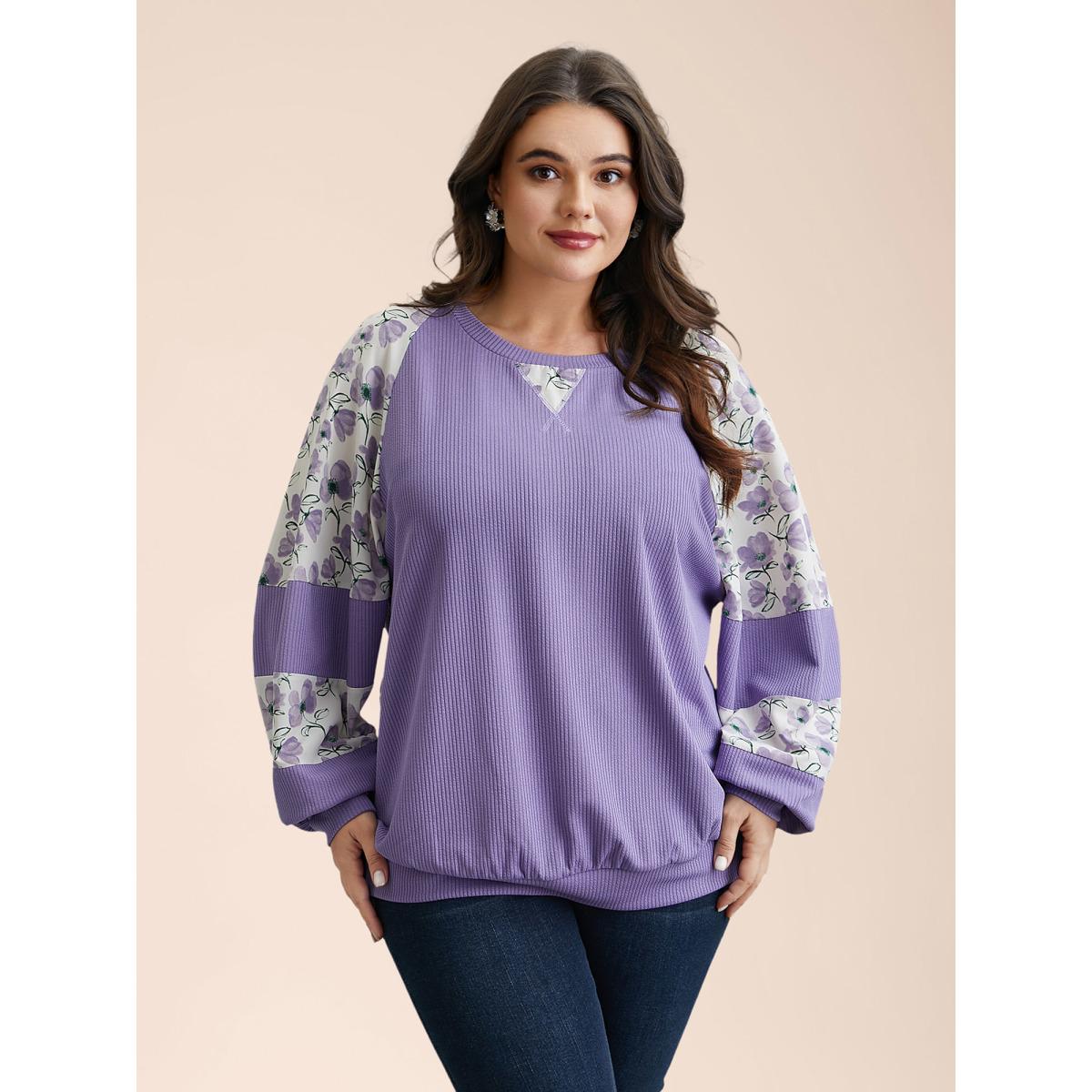 Plus Size Ribbed Floral Patchwork Raglan Sleeve Sweatshirt Women Lilac Elegant Texture Round Neck Everyday Sweatshirts BloomChic 22-24/3X Product Image