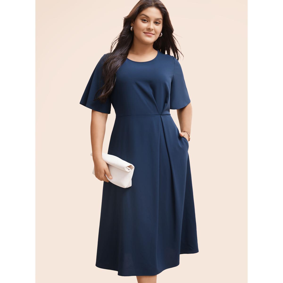 Plus Size Plain Round Neck Plicated Detail Dress Indigo Women Office Pleated Round Neck Half Sleeve Curvy BloomChic 10/M Product Image