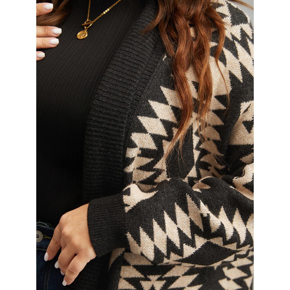 Plus Size Anti-Pilling Supersoft Essentials Geo Lapel Collar Cardigan Black Women Casual Loose Long Sleeve Everyday Cardigans BloomChic 14-16/1X Product Image