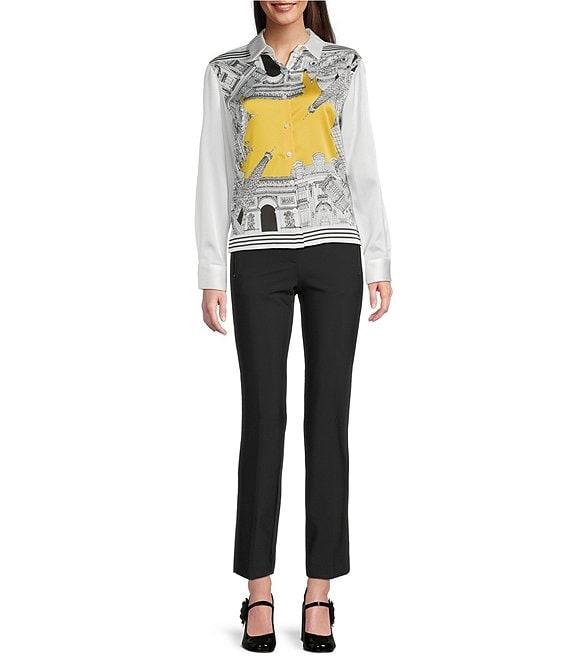 KARL LAGERFELD PARIS Woven Satin Printed Point Collar Long Sleeve Button Down Blouse Product Image