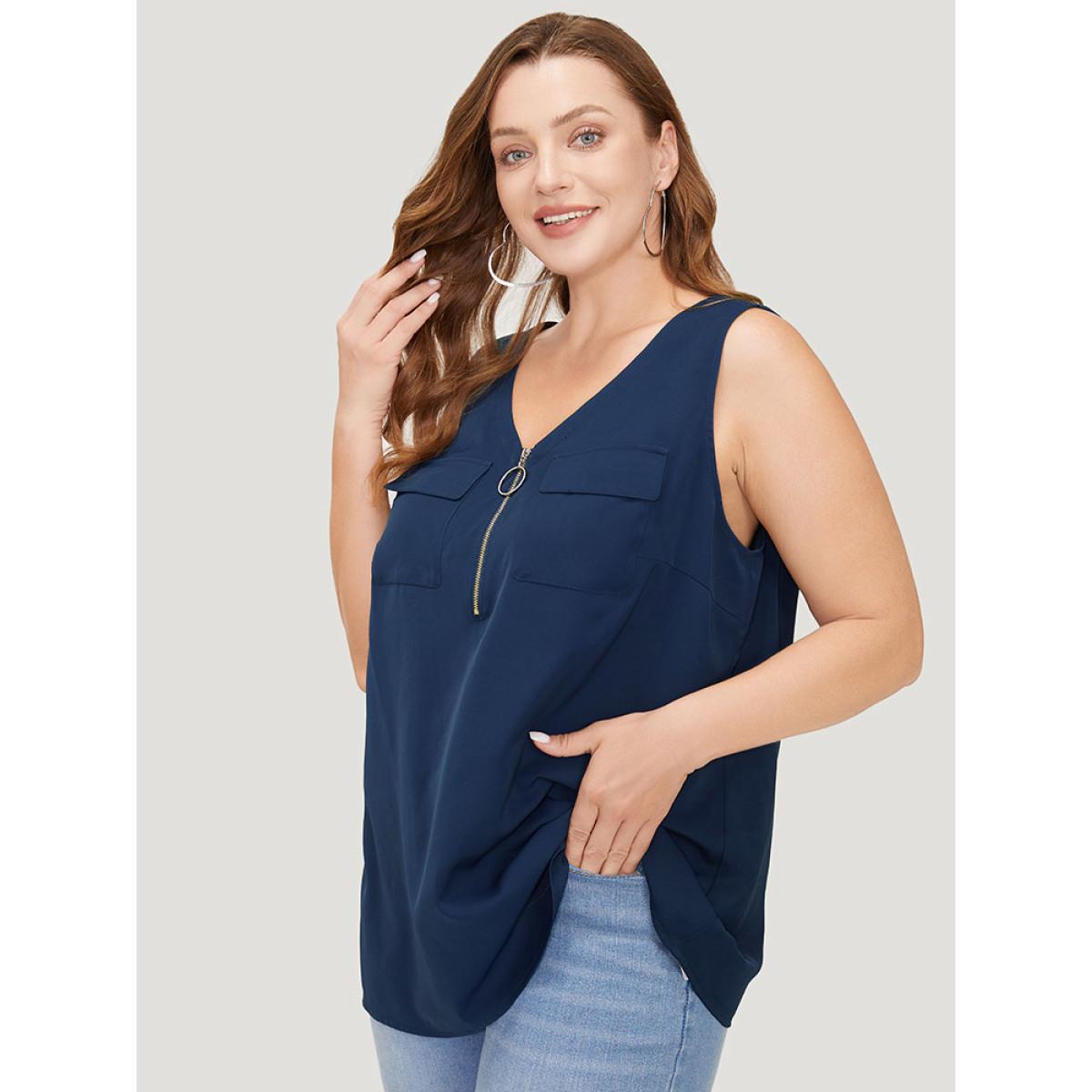 Plus Size Solid Half Zipper Flap Detail Tank Top Women Indigo Casual Zipper V-neck Dailywear Tank Tops Camis BloomChic 18-20/2X Product Image