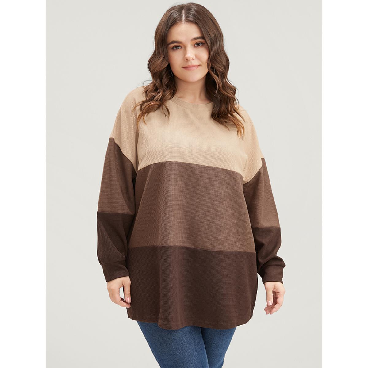 Plus Size Colorblock Contrast Round Neck Drop Shoulder Sweatshirt Women Tan Casual Patchwork Round Neck Dailywear Sweatshirts BloomChic 18-20/2X Product Image