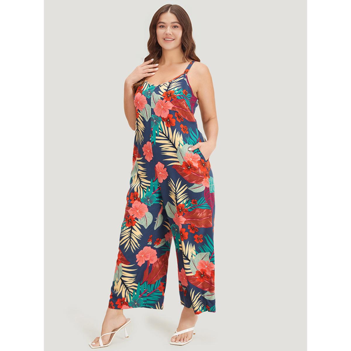 Plus Size Indigo Floral Print Pocket Cami Jumpsuit Women Elegant Sleeveless Spaghetti Strap Dailywear Loose Jumpsuits BloomChic 22-24/3X Product Image