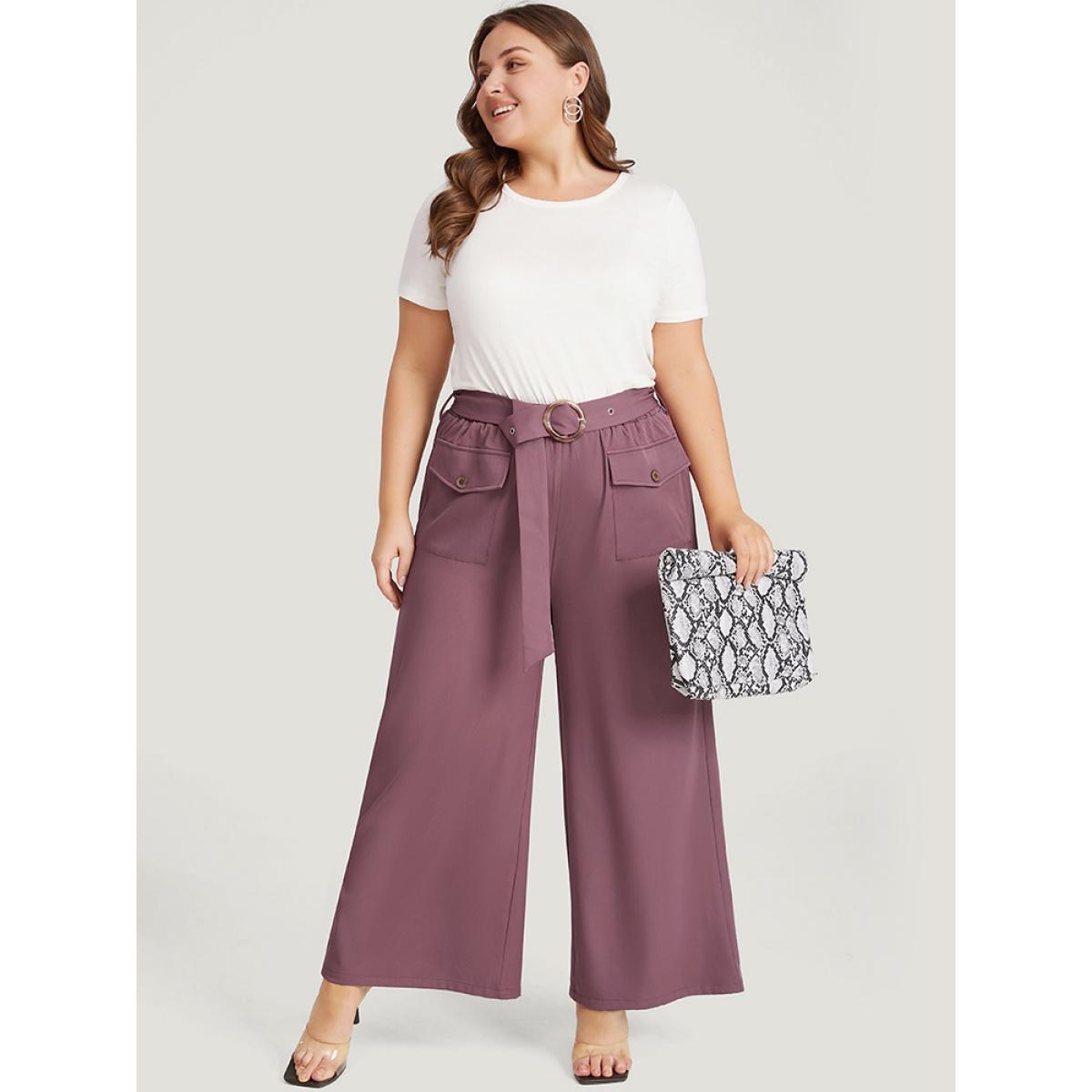 Plus Size Solid Flap Pocket Buckle Belt Wide Leg Pants Women Eggplant Office Straight Leg High Rise Office Pants BloomChic 12/L Product Image